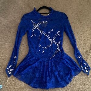 Blue Lace Long Sleeve Ice Skater Dresses with crystal accents